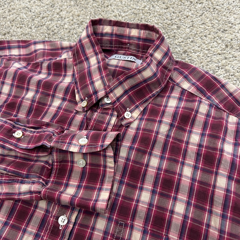Gustin Button Down Shirt Size M Tall Burgundy‎ Plaid Cotton Long Sleeve USA Made